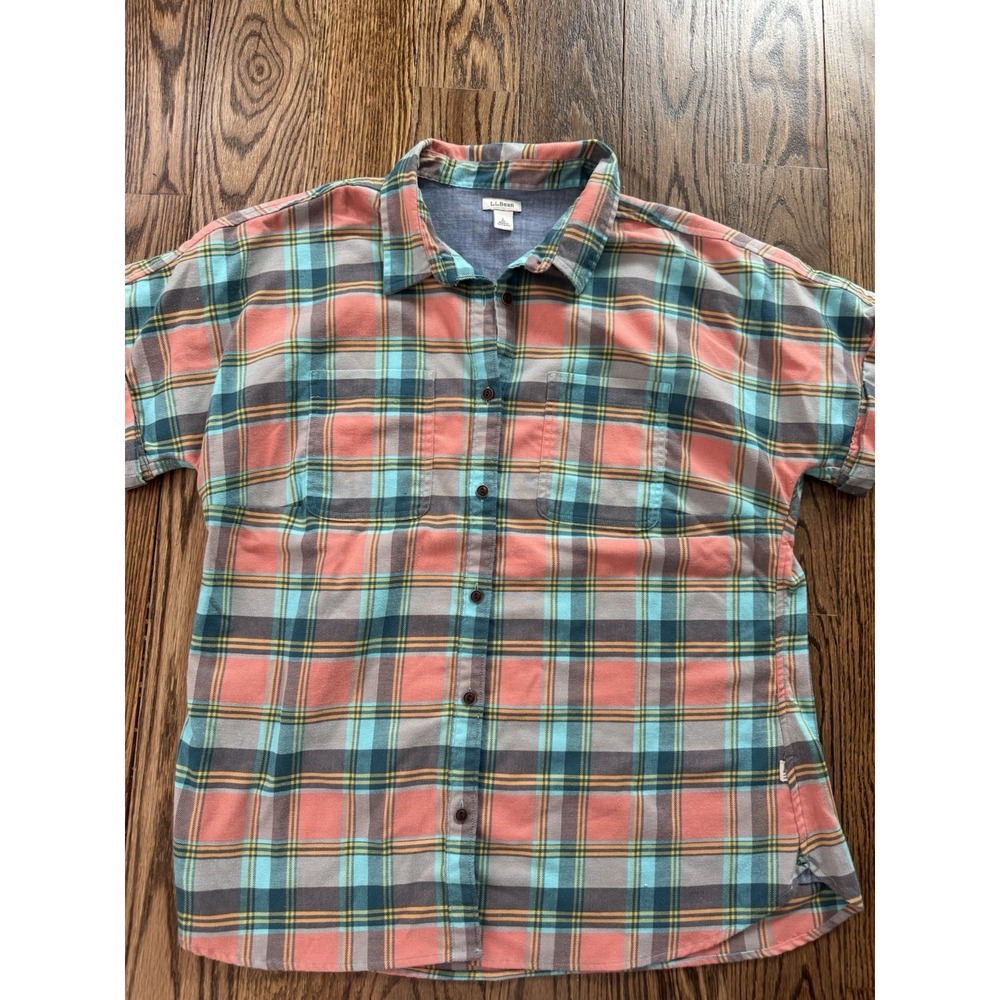 LL Bean Top Womens Large Regular Green Plaid Cotton Traverse Button Up Outdoor